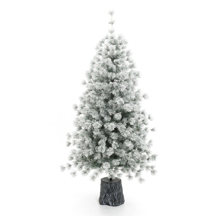 LuxenHome 5.5Ft Flocked Full Artificial Christmas Tree Potted