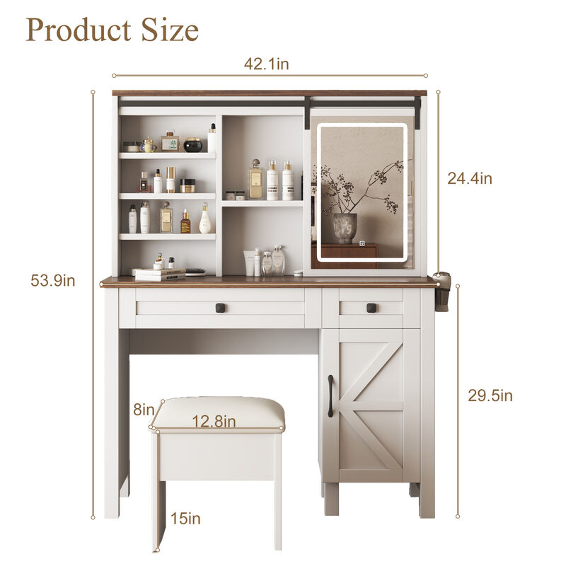 Large Vanity Desk with Lighted Sliding Mirror, Charging Station, Shelves & Drawers