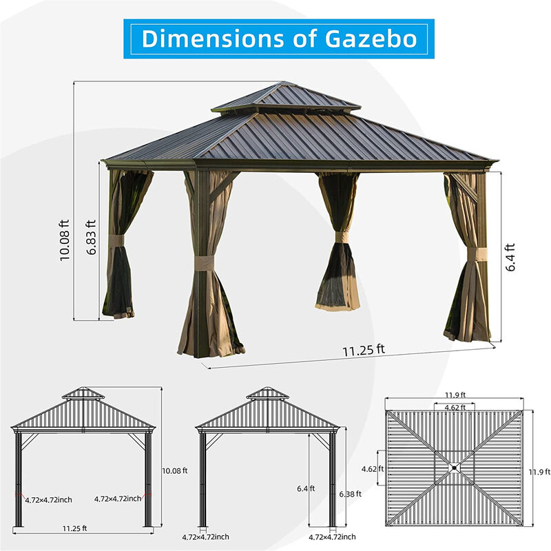 MONDAWE 12x12ft Hardtop Gazebo, Outdoor Aluminum Frame Canopy with Galvanized Steel Double Roof, Outdoor Permanent Metal Pavilion with Curtains and Netting for Patio, Backyard and Lawn(Brown)
