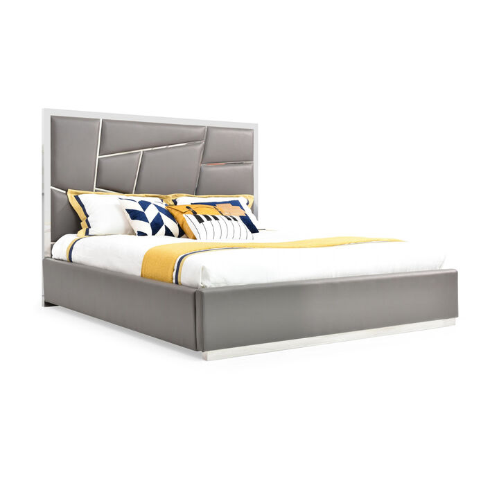 Cid Ape King Bed, Accent Headboard, Gray Bonded Leather Upholstery - Benzara