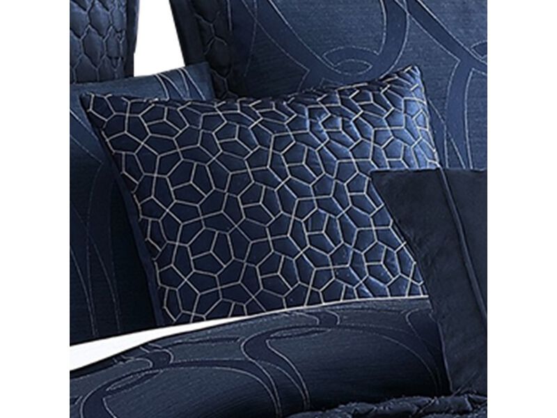 10 Piece King Polyester Comforter Set with Geometric Oblong Print, Dark Blue - Benzara