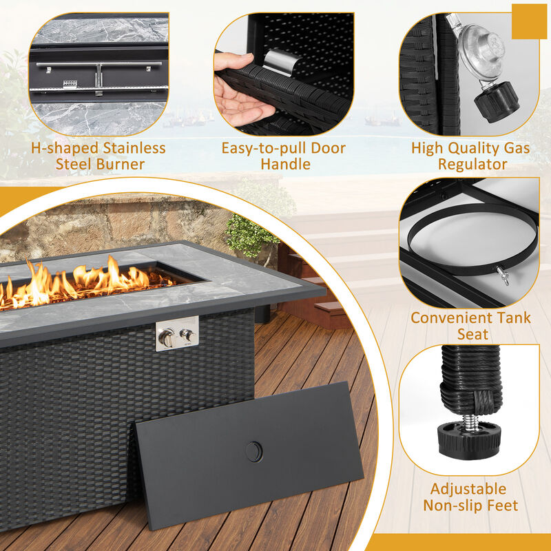 52 Inch Rattan Wicker Propane Fire Pit Table with Rain Cover and Lava Rock-Black