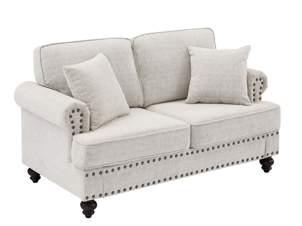 61" Chenille Modern Upholstered Sofas Love Seater With Nails And Armrests (White)