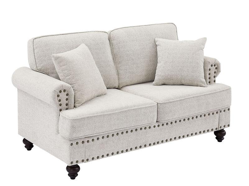 61" Chenille Modern Upholstered Sofas Love Seater With Nails And Armrests (White)
