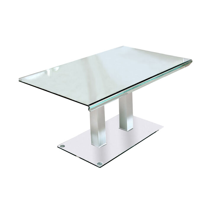 Metal and Glass Dining table with Dual Post Pedestal base, Chrome - Benzara