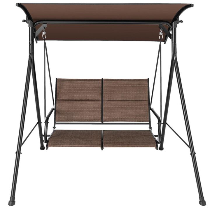 Hivvago 2 Person Porch Swing with Adjustable Canopy and Padded Seat-Brown