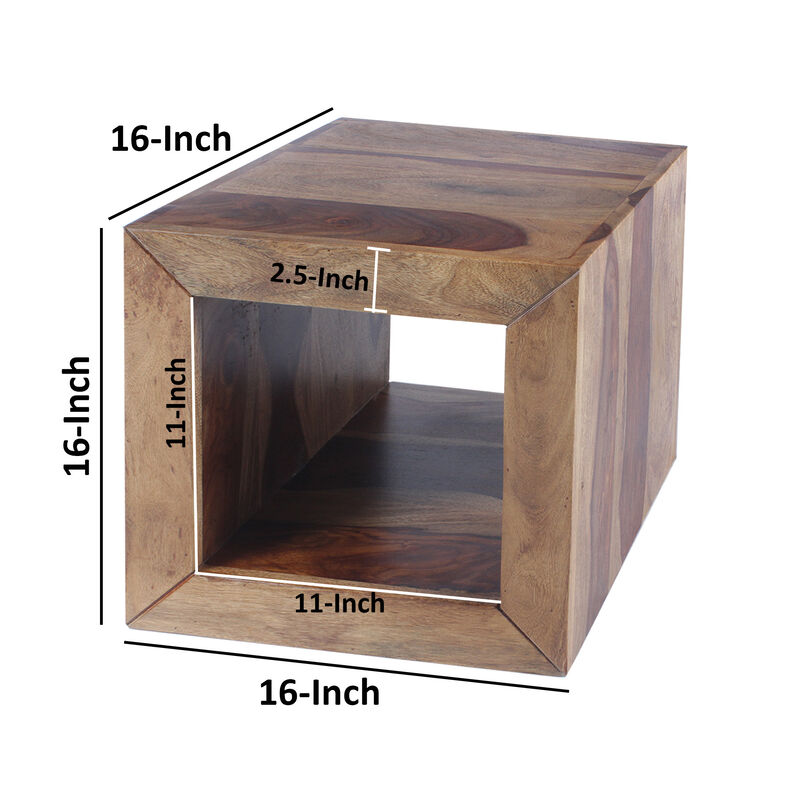 16 Inch Cube Shape Rosewood Side Table With Cutout Bottom, Brown - Benzara