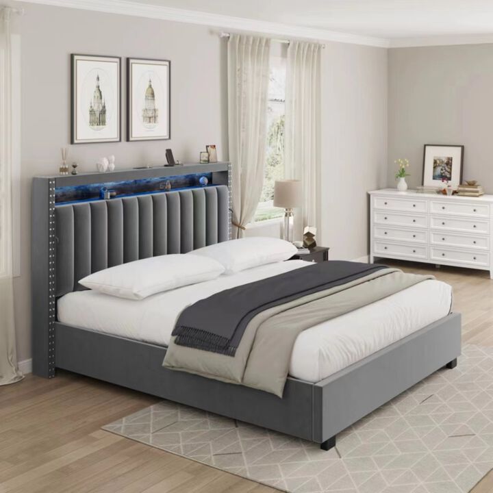 Luxury Gas Lift Storage Bed With Rf LED Lights, Storage Headboard, King Size, Velvet Grey