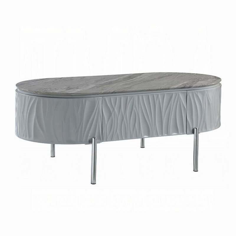 Doug Coffee Table, Gray High Gloss, Chrome Metal, Gray Wood, 47 Inch - Benzara