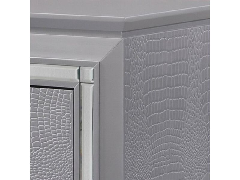 Two Drawer Wooden Nightstand with Textured Details and Mirror Accents, Gray-Benzara