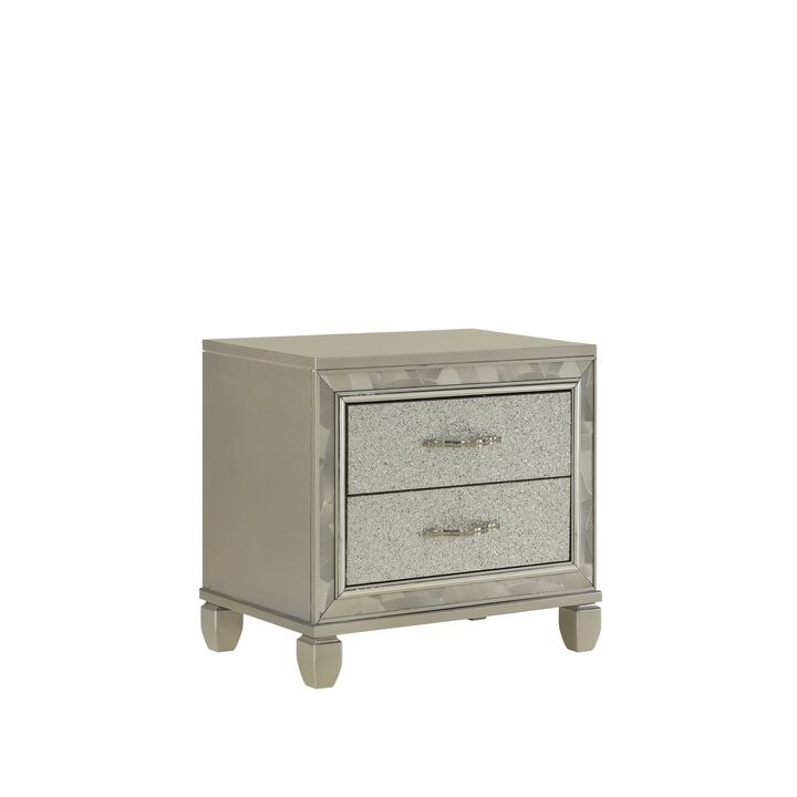 Bet 28 Inch Nightstand, 2 Rhinestone Inlaid Drawers, Chrome Handles, Silver - Benzara
