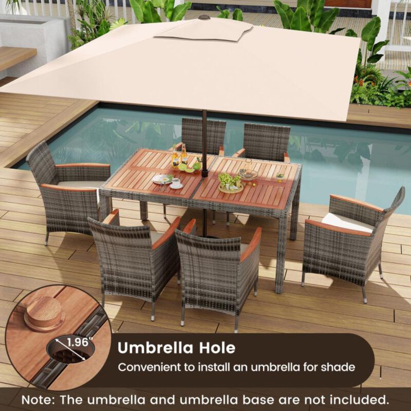Hivvago 7 Pieces Patio Acacia Wood Cushioned PE Rattan Wicker Dining Set