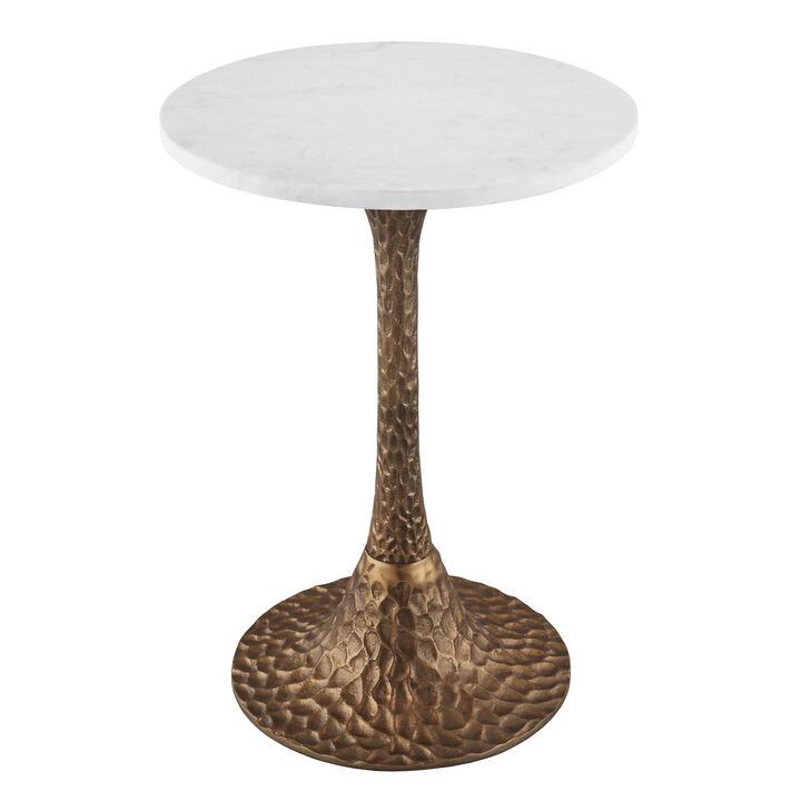 Tyler Accent Side Table, 14.5 Inch Round White Marble Top, Antique Brass Hammered Pedestal Base