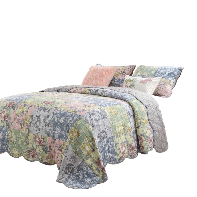Eni 3 Piece California King Cotton Quilt Set, Pastel Blue Flower Design - Benzara