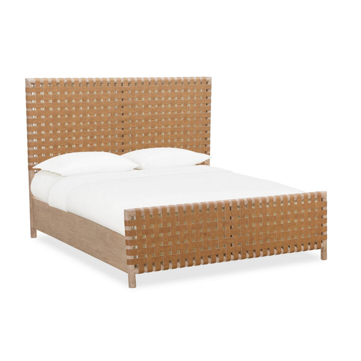 Dory Queen Size Bed, Hand Woven Headboard, Faux Leather Upholstery, Brown - Benzara