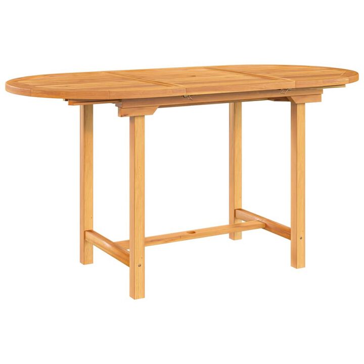 Outdoor Dining Table, 43-63 Inch Extendable Oval Top, Sanded Teak Wood - Benzara