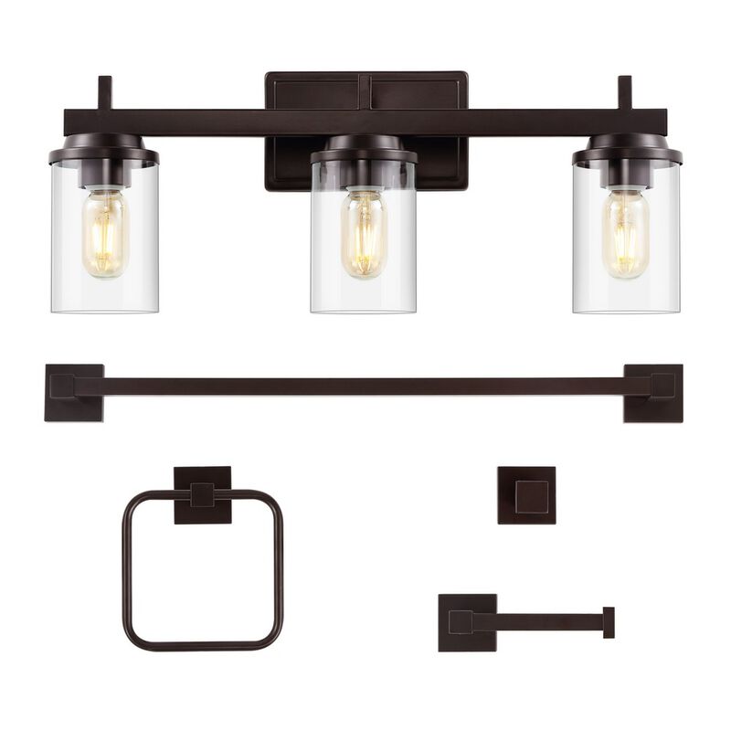 Liam 23.25" 3-Light Farmhouse Industrial Vanity Light with Bathroom Hardware Accessory 5-Piece Set