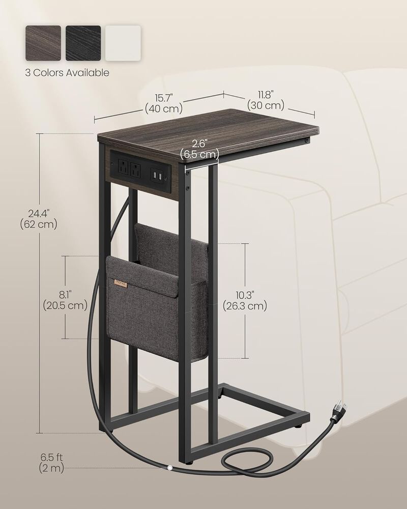 C-Shaped Side Table, End Table with Charging Station, 2 USB Ports and Outlets