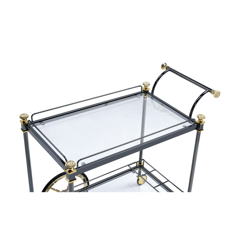 Metal Framed Serving Cart with Glass Shelves and Side Handle, Black and Gold - Benzara