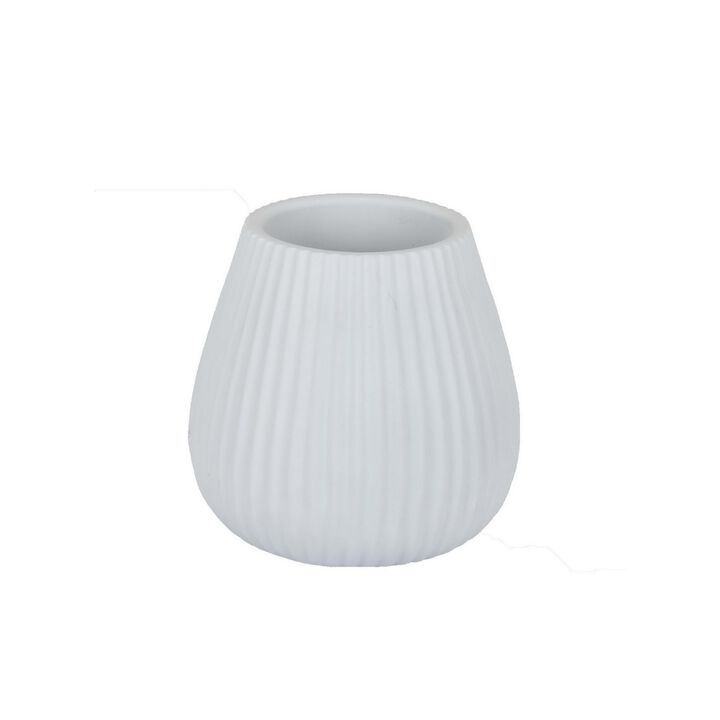Azra Vase with Ribbed Texture and Wide Opening, 8 Inch White Resin - Benzara