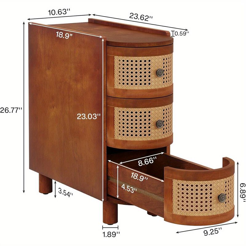 Office Reception Desk, 3-Drawer Rattan End Table, Sofa Side Table with Vintage Embossed Handles, Slim Nightstand for Living Room, Bedroom
