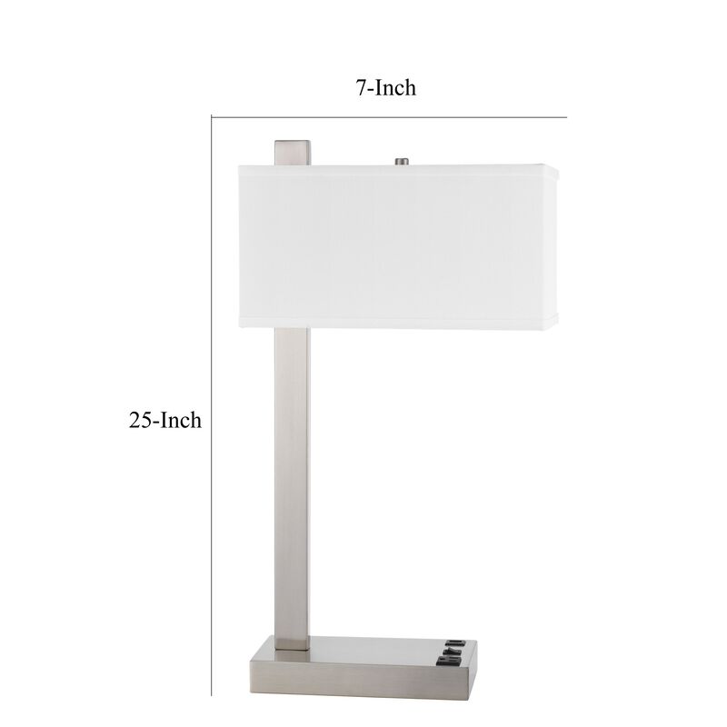 Nacy Table Lamp, 1 Power Outlet and USB Port, Chrome Steel 25 Inch - Benzara