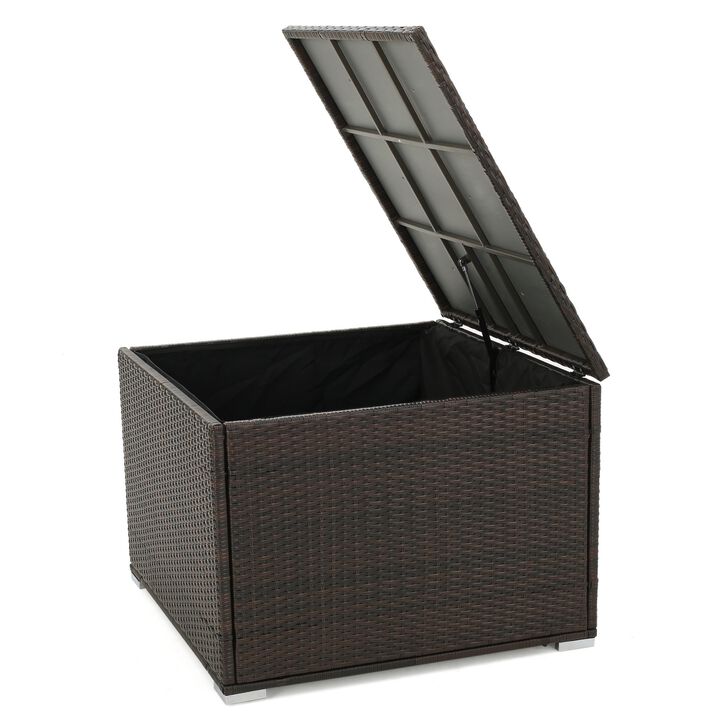 Sanie Outdoor Storage Chest, Square 34 Inch, Brown PE Rattan, Iron - Benzara