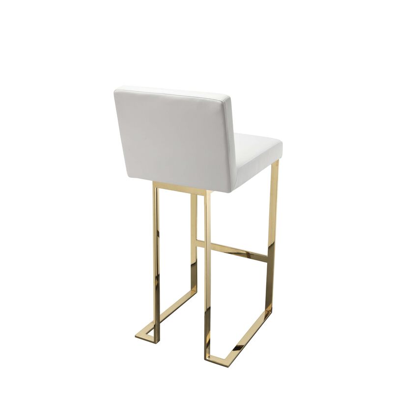 Boly 30 Inch Barstool Chair, Cushioned White Faux Leather, Gold Cantilever - Benzara