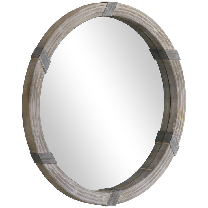 Natural Wood Decor: 31 Inch Round Wall Mirror for Living Room