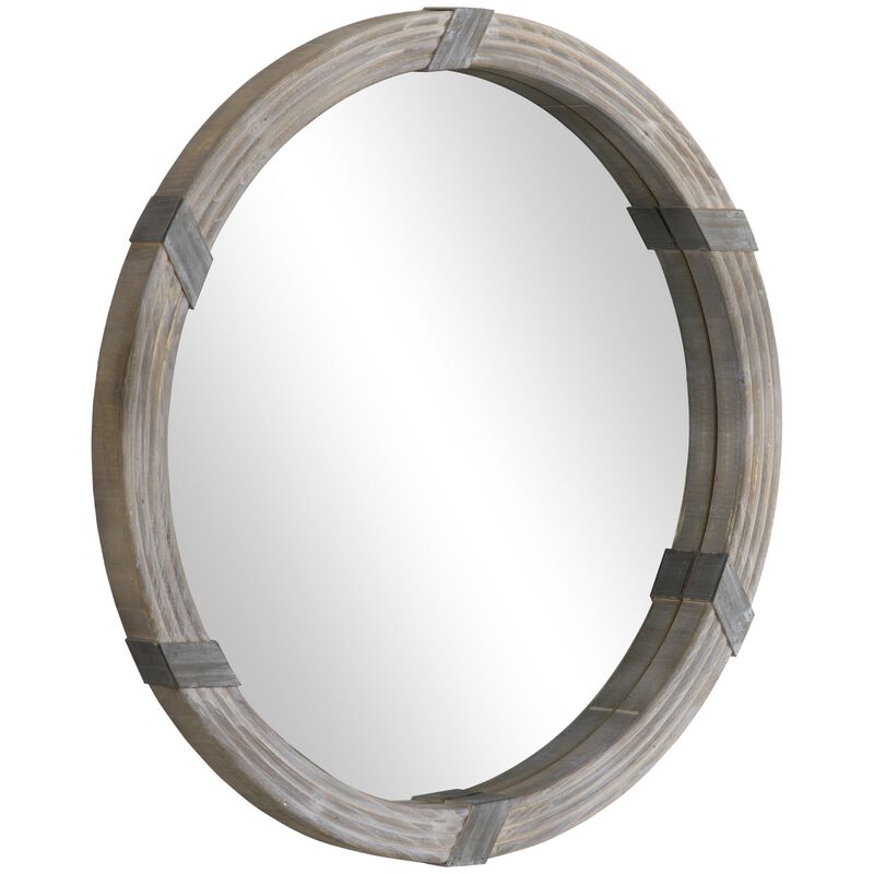 Natural Wood Decor: 31 Inch Round Wall Mirror for Living Room
