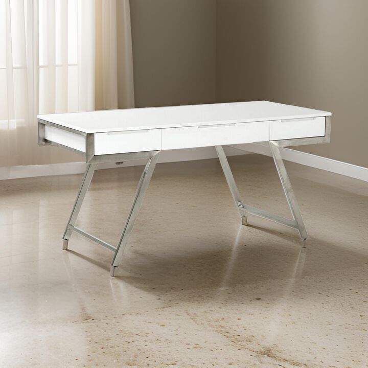 63 Inch Office Desk with a Drawer, White Gloss Finish, Chrome Metal Frame - Benzara
