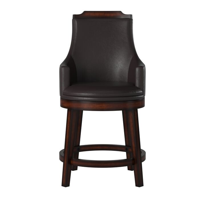 Wood & Leather Counter Height Chair with Swivel Mechanism, Brown & Black, Set of 2-Benzara