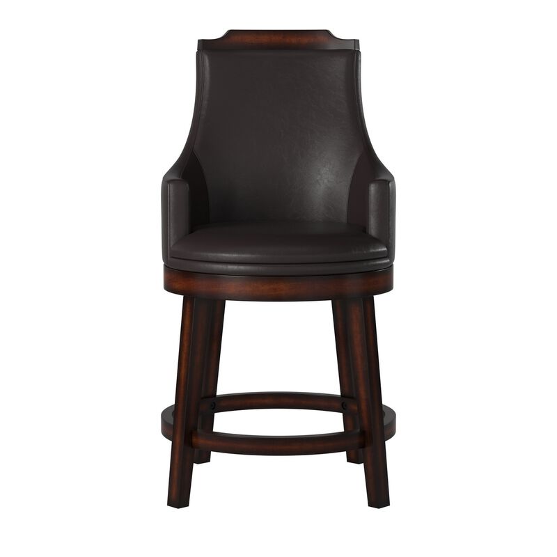 Wood & Leather Counter Height Chair with Swivel Mechanism, Brown & Black, Set of 2-Benzara