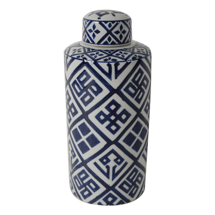 14 Inch Lidded Jar, Geometric Pattern, Cylindrical Blue and White Porcelain-Benzara