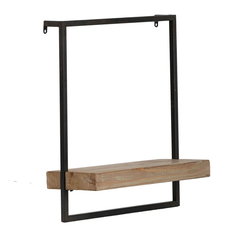 Yin 18 Inch Wall Shelf, Rectangular Industrial Frame, Black Iron Brown Wood - Benzara