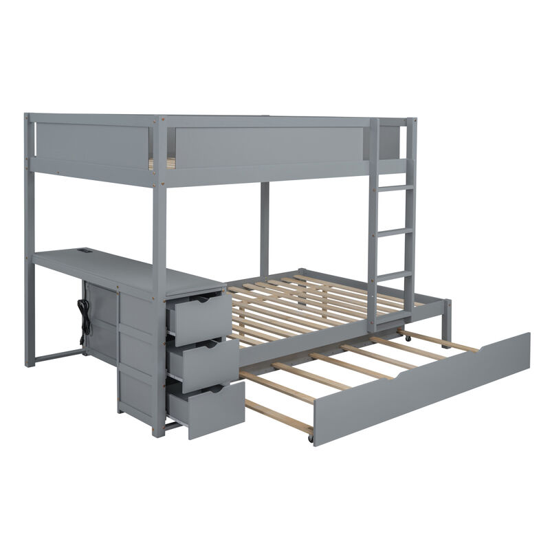 Full Over Full Bunk Bed With Twin Size Trundle, Storage And Desk, Gray