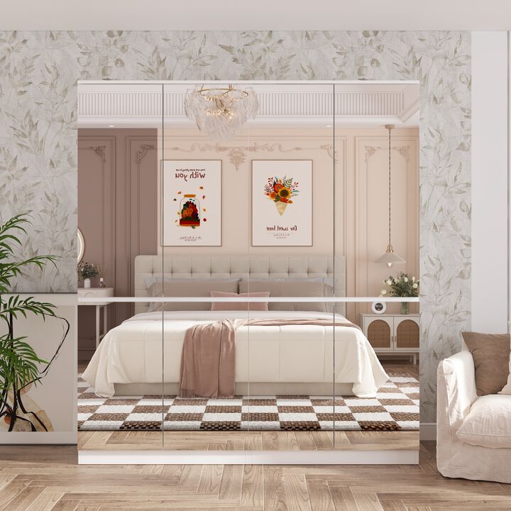 FUFU&GAGA 8-Door White Mirrored Wardrobe with True Glass Panels, Spacious Storage, and Modern Design, Ideal for Bedroom Organization, (63" L x 19.7" W x 70.9" H),Silver