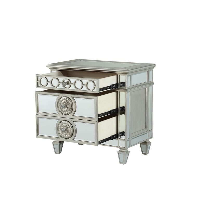 Mirror Accented Wooden Nightstand with 3 Storage Drawers, Silver-Benzara