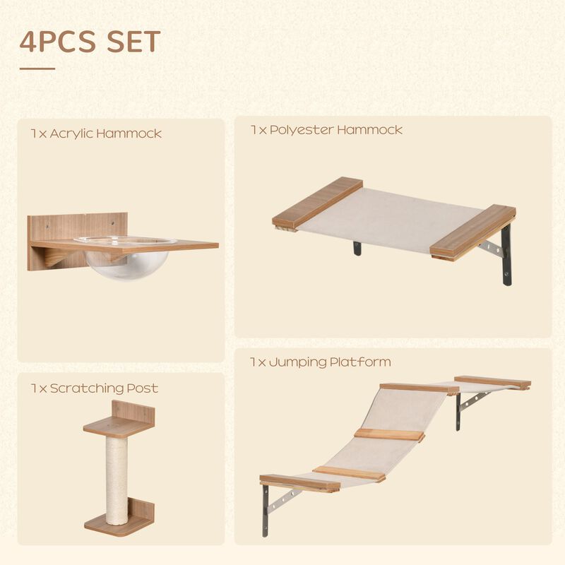 Beige Cat Playground: 4-Piece Wall-Mounted Activity Set with Hammock