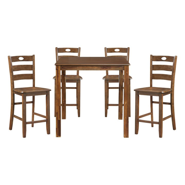 Tori 5 Piece Counter Height Dining Set, Square Table and 4 Chairs, Brown - Benzara