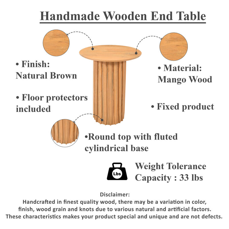 Sejo Side End Table, 20 Inch Round Top with Fluted Base in Natural Brown Mango Wood - Benzara