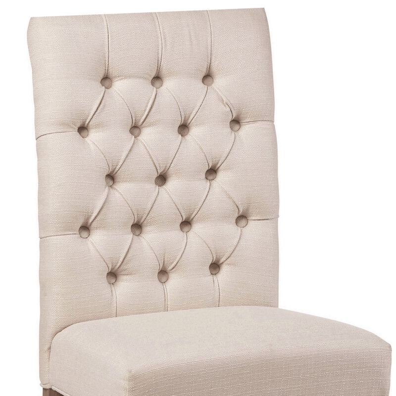 Fabric Dining Chair with Button Tufted Back, Set of 2, Beige - Benzara