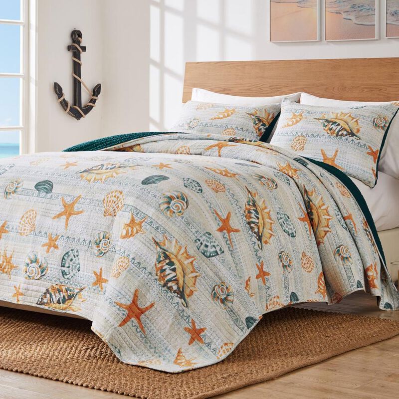 Greenland Home Fashions Kona Luxurious Comfortable 3 Pieces Quilt Set Ocean King/Cal. King