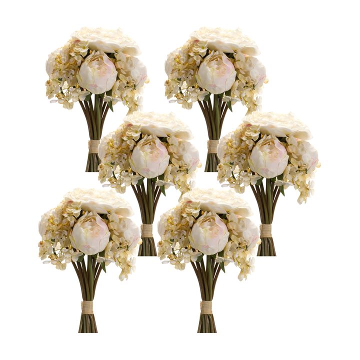 Vibrant Coral Peony and Hydrangea Artificial Flower Bouquet for Home Décor (Set of 6)