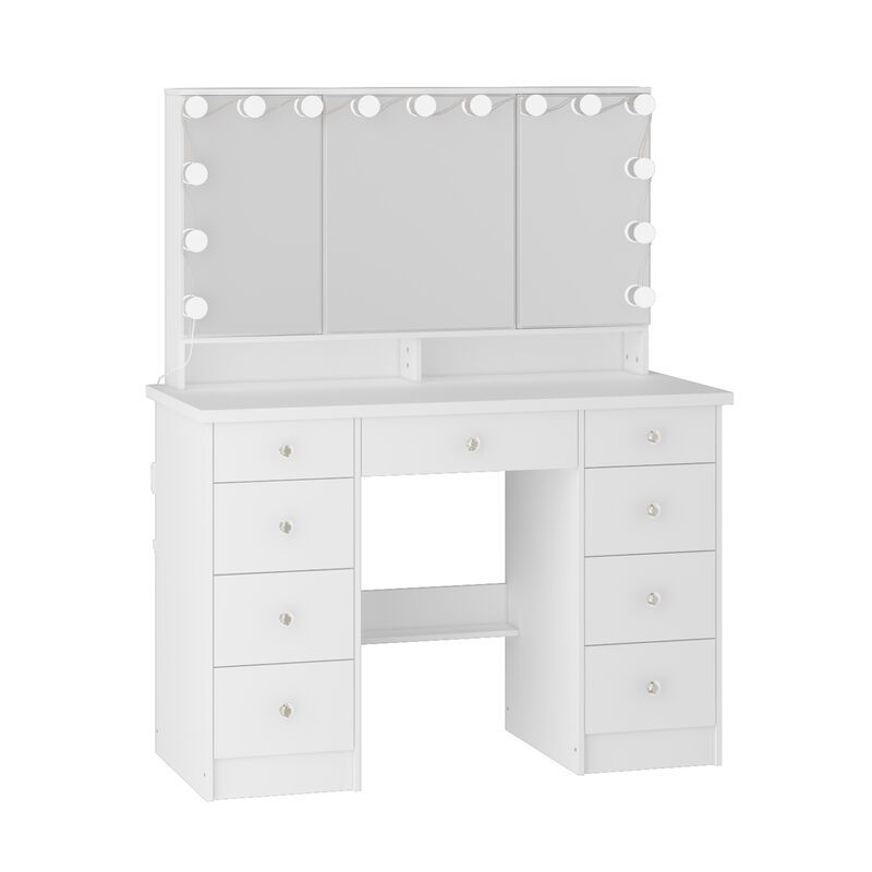 White Modern Makeup Vanity Desk 9 Drawers Wood Dressing Table With 3 Mirrors, Hidden Storage Shelves, LED Bulb Lights