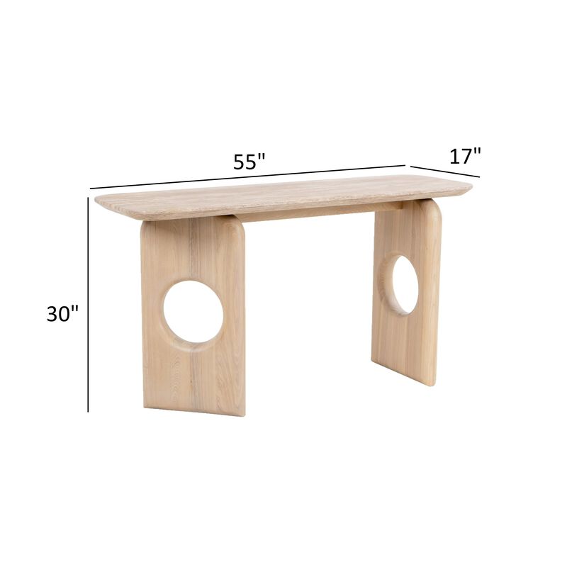 Aky 55 Inch Console Table, Faux Marble Top, Open Panel Frame, Natural Brown - Benzara