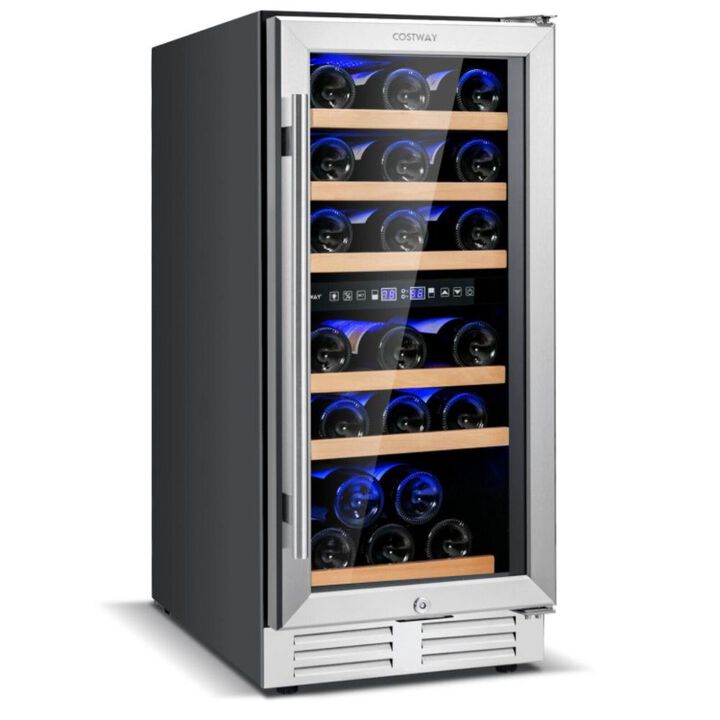 Costway 30-Bottle Freestanding Wine Cooler with Temp Memory and Dual Zones