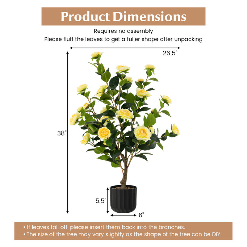 38 Inch Artificial Camellia Tree Faux Flower Plant in Cement Pot 2 Pack