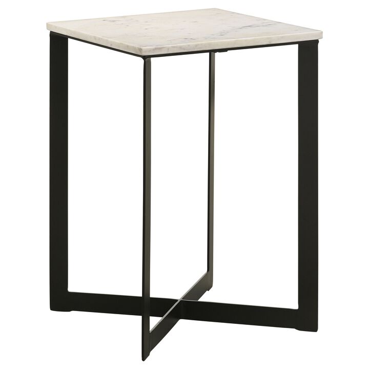 Sovi 24 Inch Side End Table, Square Marble Top, Black Metal Frame, White - Benzara