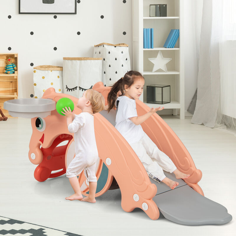 3-in-1 Kids Slide Rocking Horse Set Convertible Toddler Slide with Basketball Hoop